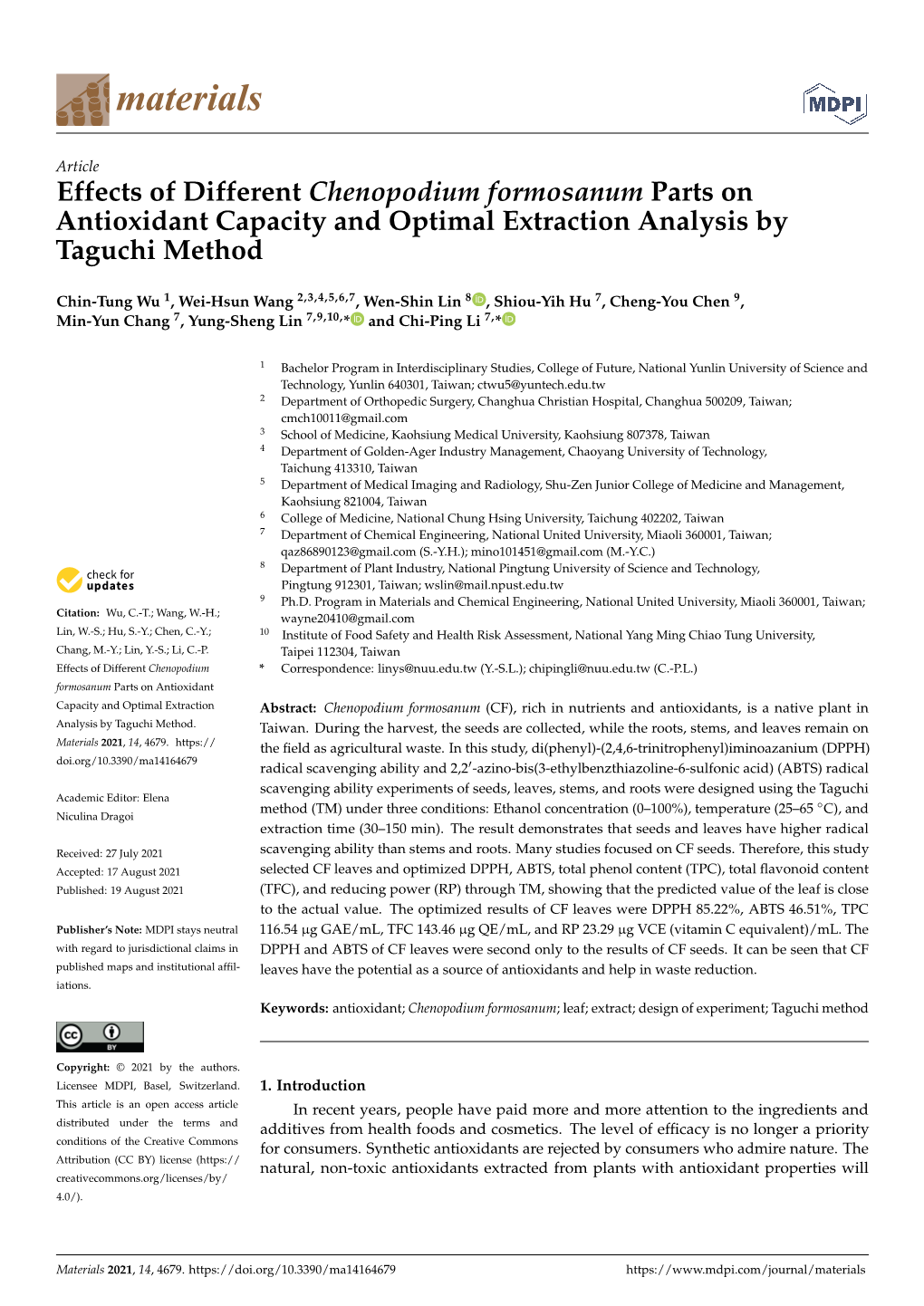 Effects of Different Chenopodium Formosanum Parts on Antioxidant Capacity and Optimal Extraction Analysis by Taguchi Method