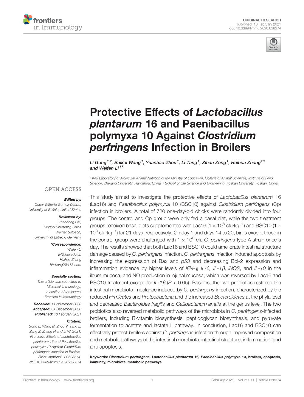 Protective Effects of Lactobacillus Plantarum 16 and Paenibacillus Polymyxa 10 Against Clostridium Perfringens Infection in Broilers