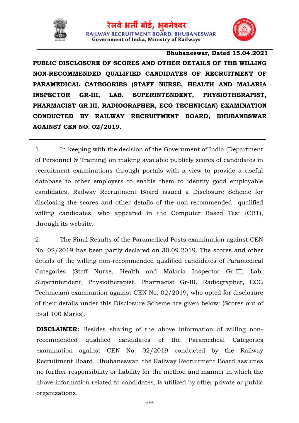 Bhubaneswar, Dated 15.04.2021 PUBLIC DISCLOSURE OF