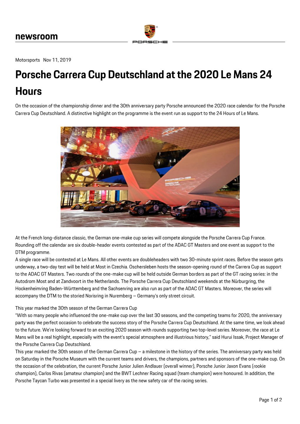 Porsche Carrera Cup Deutschland at the 2020 Le Mans 24 Hours, Press Release, 11/11/2019, Porsche AG