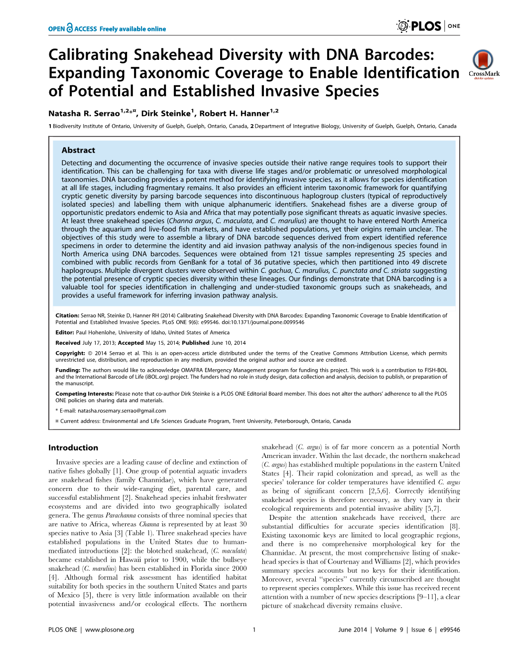 Calibrating Snakehead Diversity with DNA Barcodes: Expanding Taxonomic Coverage to Enable Identification of Potential and Established Invasive Species