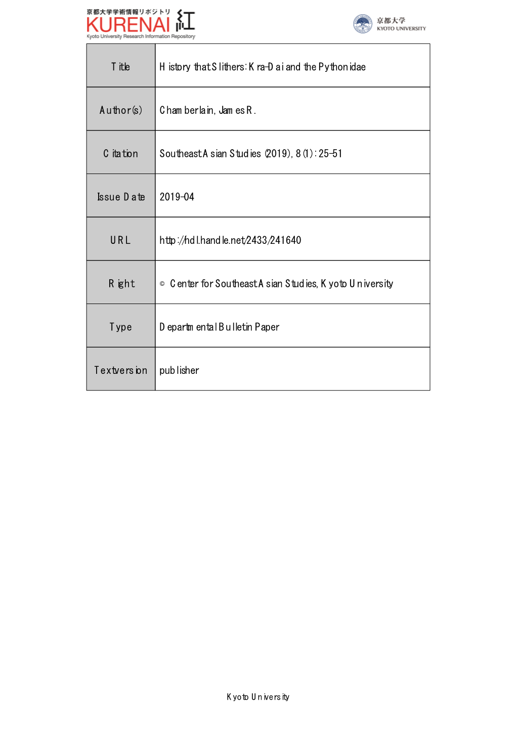 Title History That Slithers: Kra-Dai and the Pythonidae Author(S