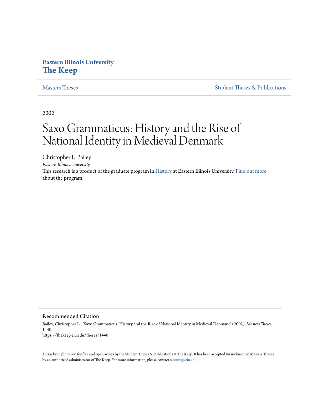 Saxo Grammaticus: History and the Rise of National Identity in Medieval Denmark Christopher L