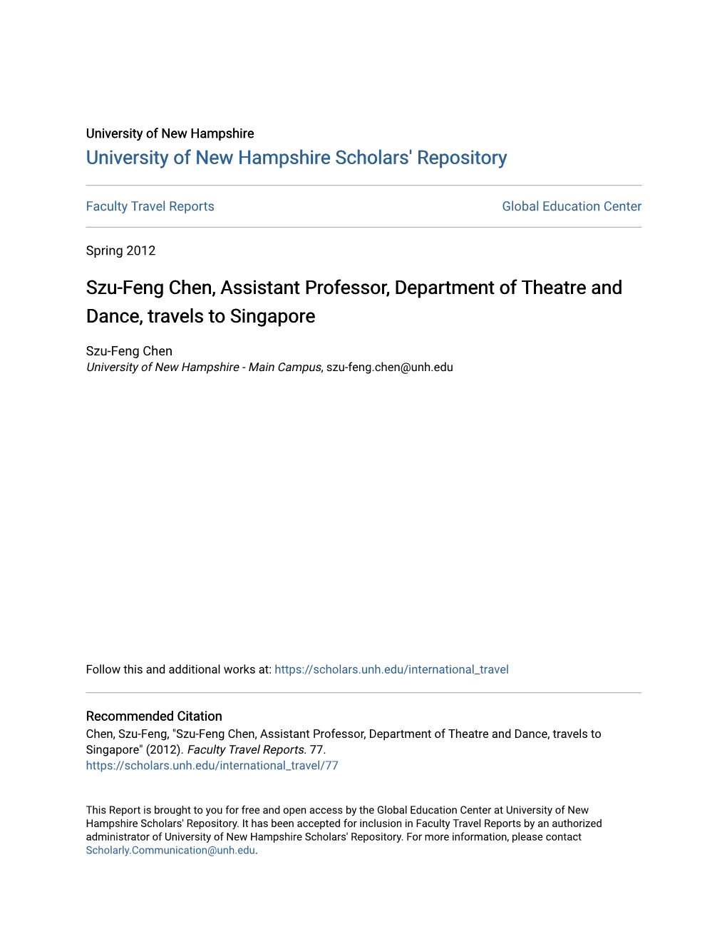 Szu-Feng Chen, Assistant Professor, Department of Theatre and Dance, Travels to Singapore