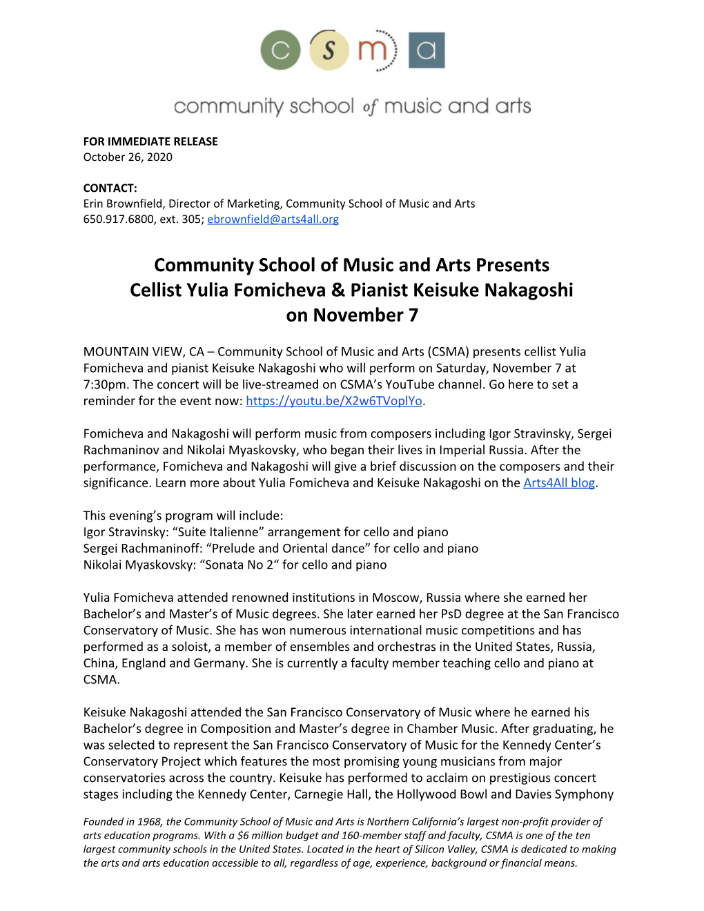 Community School of Music and Arts Presents Cellist Yulia Fomicheva & Pianist Keisuke Nakagoshi on November 7