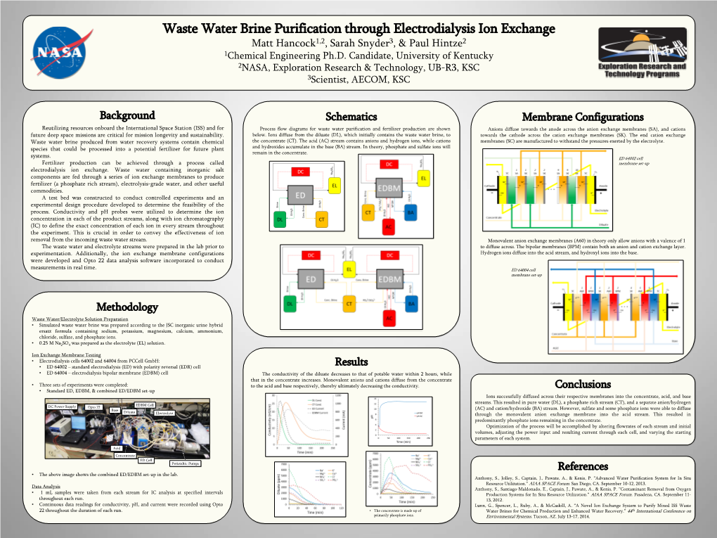 Waste Water Brine Purification Through Electrodialysis Ion Exchange Matt Hancock1,2, Sarah Snyder3, & Paul Hintze2 1Chemical Engineering Ph.D