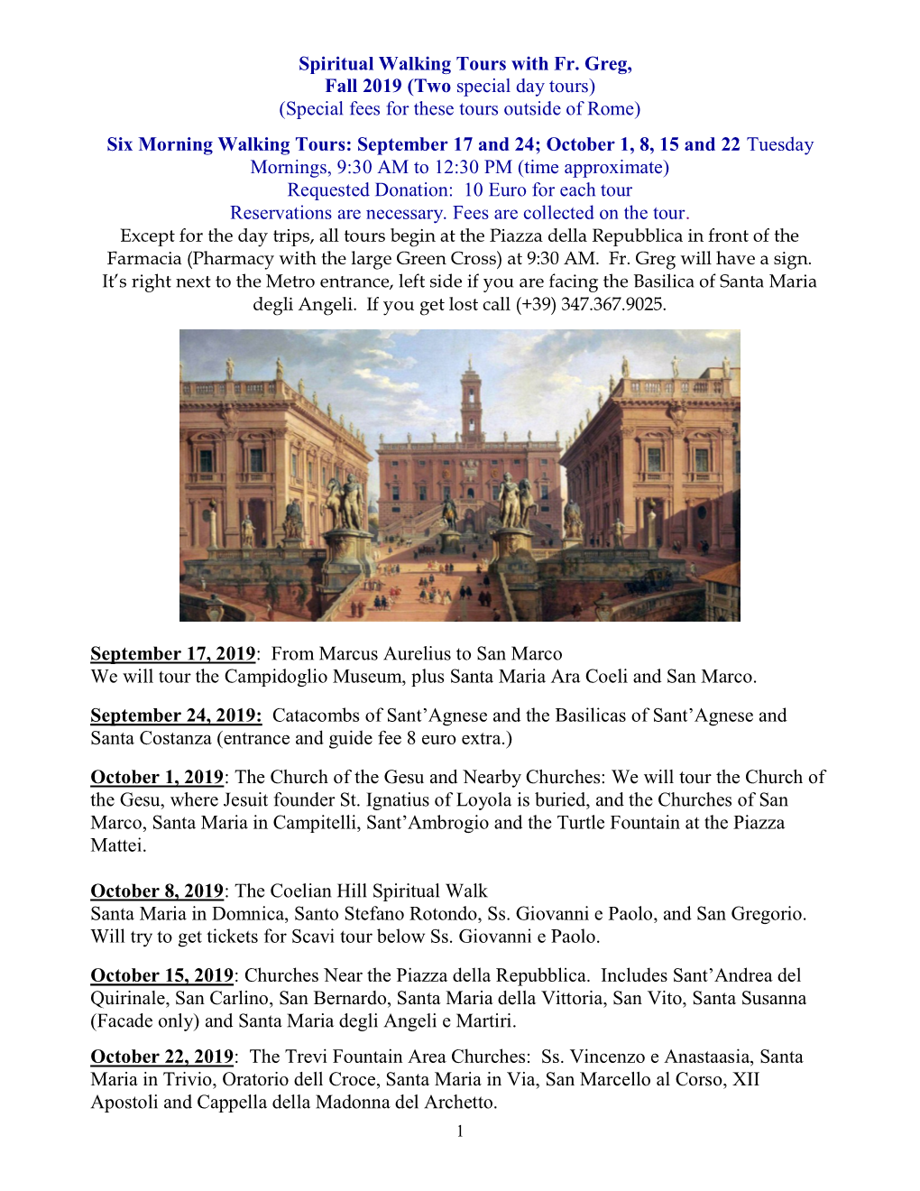 Spiritual Walking Tours with Fr. Greg, Fall 2019 (Two Special Day Tours) (Special Fees for These Tours Outside of Rome)