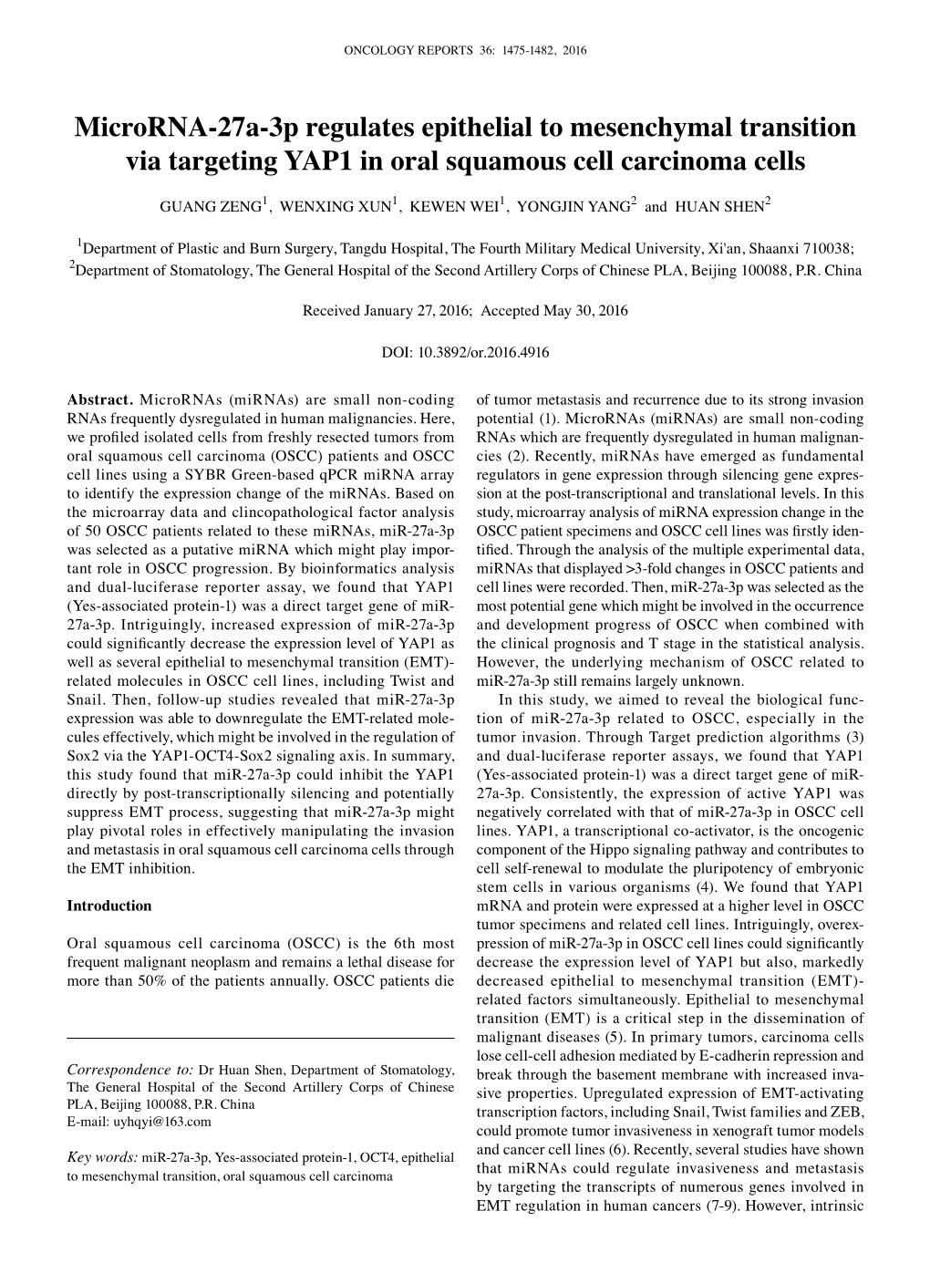 Microrna-27A-3P Regulates Epithelial to Mesenchymal Transition Via Targeting YAP1 in Oral Squamous Cell Carcinoma Cells