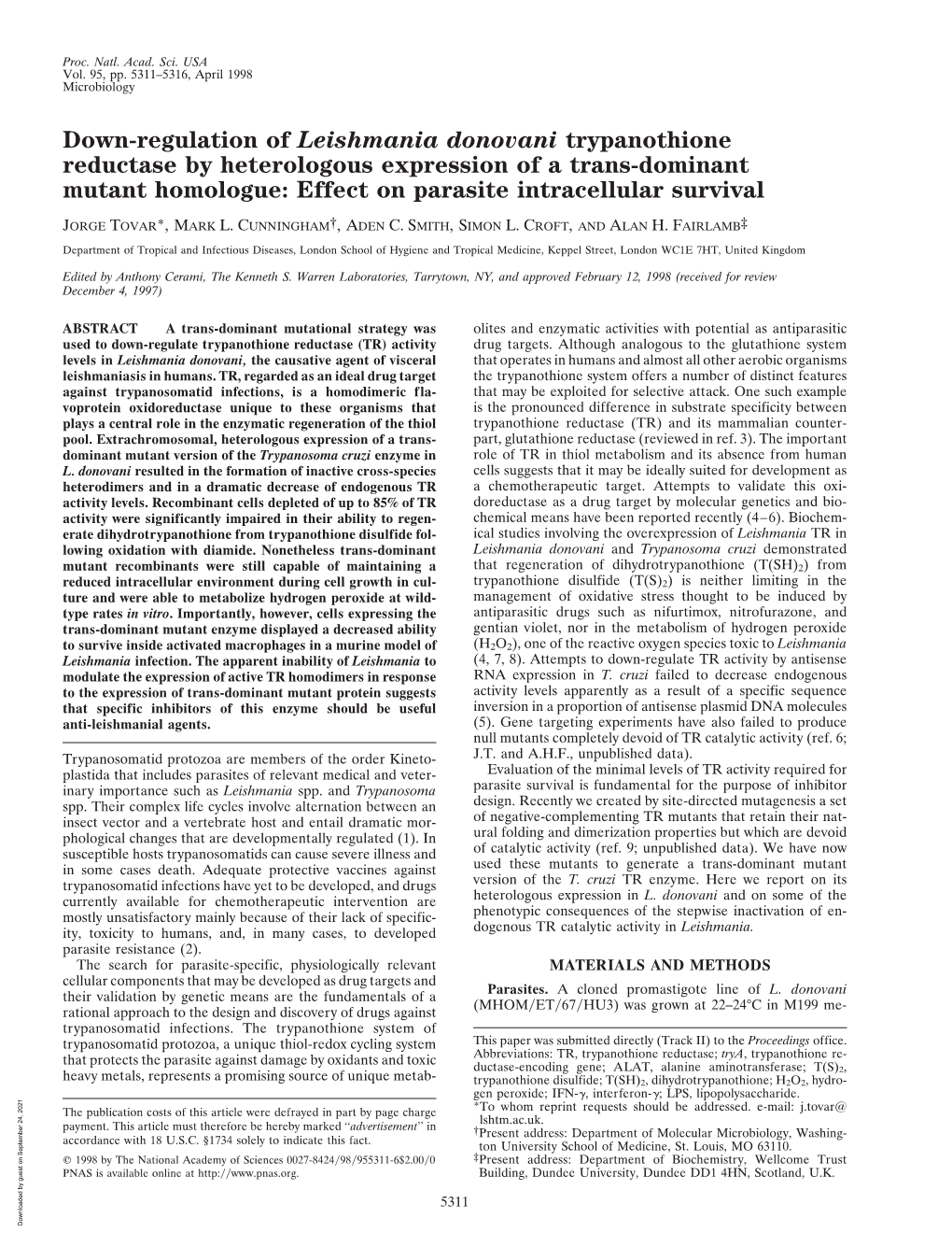 Down-Regulation of Leishmania Donovani Trypanothione Reductase