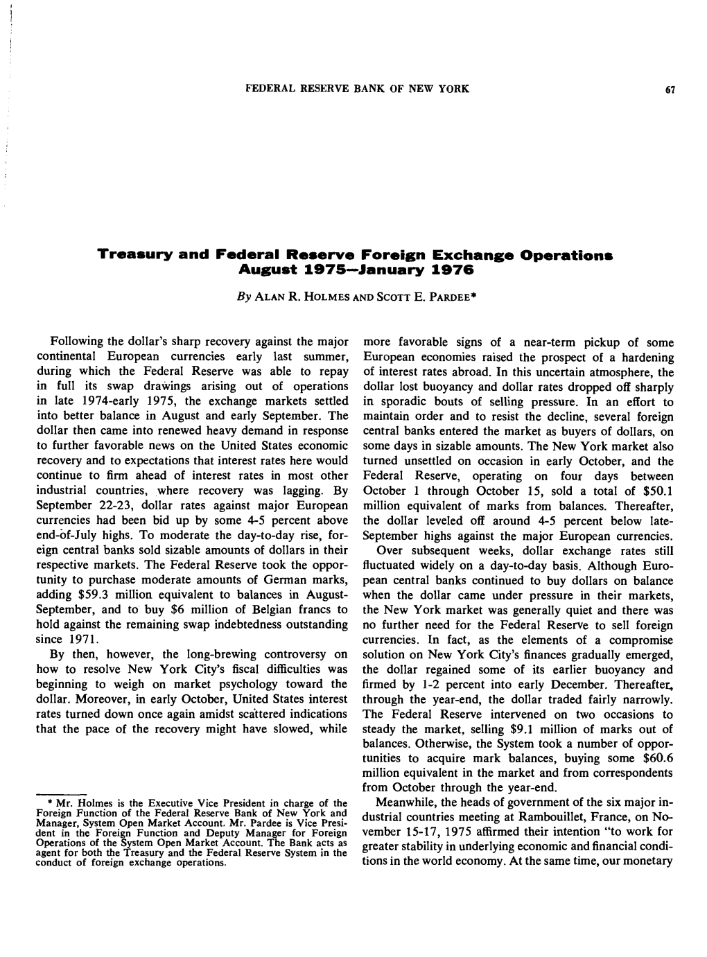 Treasury and Federal Reserve Foreign Exchange Operations August 1975—January 1976 by ALAN R