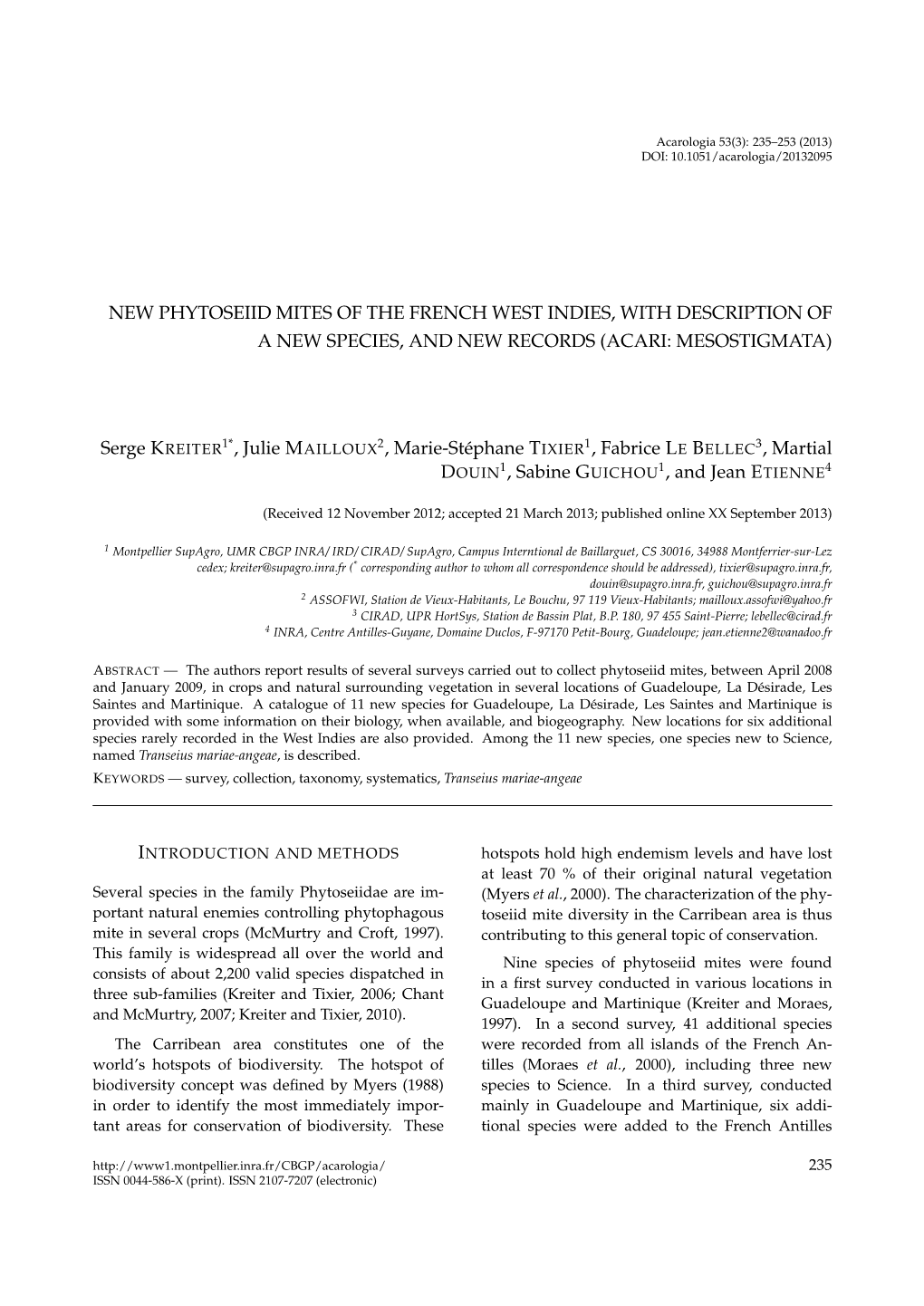 New Phytoseiid Mites of the French West Indies, with Description of a New Species, and New Records (Acari: Mesostigmata)