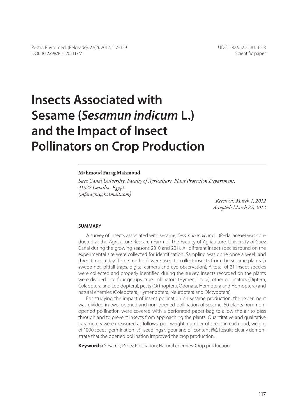 Insects Associated with Sesame (Sesamun Indicum L.) and the Impact of Insect Pollinators on Crop Production