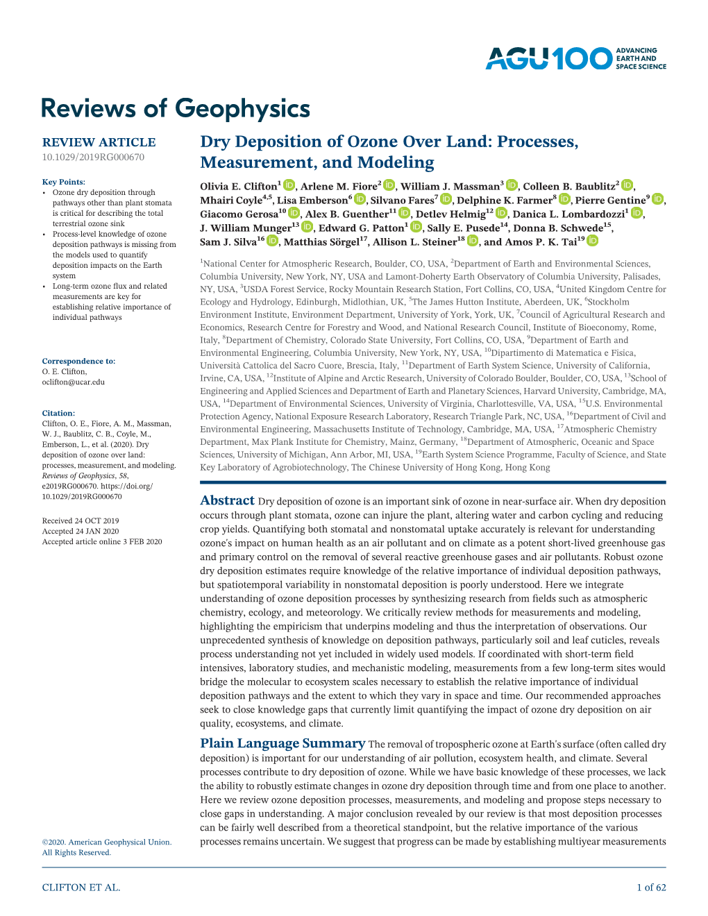 Dry Deposition of Ozone Over Land: Processes, 10.1029/2019RG000670 Measurement, and Modeling Key Points: Olivia E