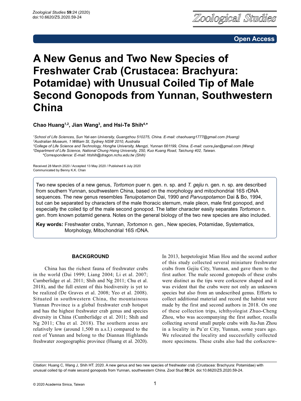 A New Genus and Two New Species of Freshwater Crab (Crustacea: Brachyura: Potamidae) with Unusual Coiled Tip of Male Second Gonopods from Yunnan, Southwestern China