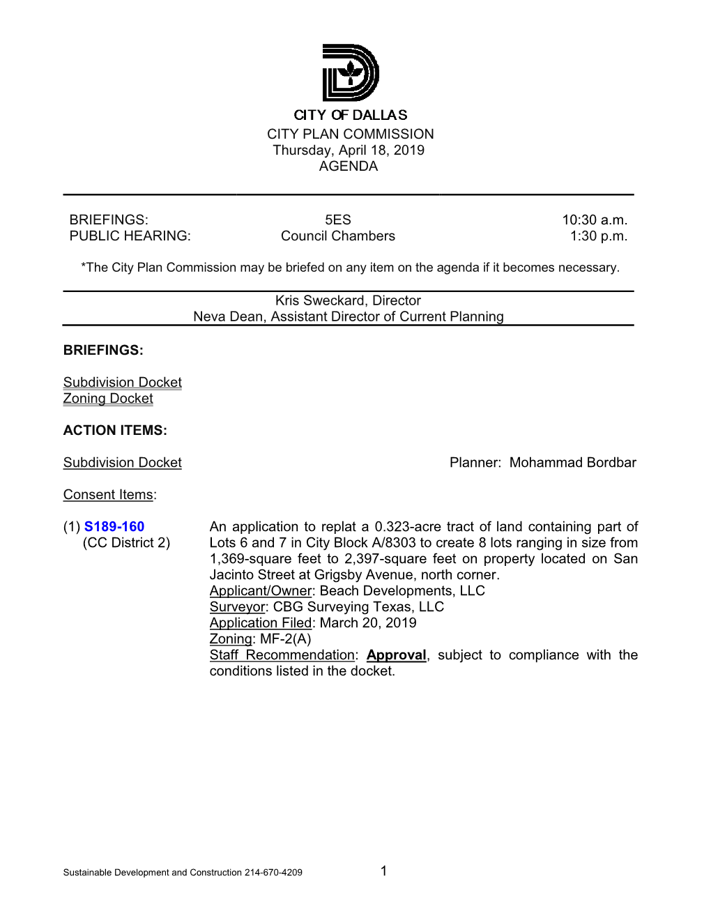 1 CITY PLAN COMMISSION Thursday, April 18, 2019 AGENDA