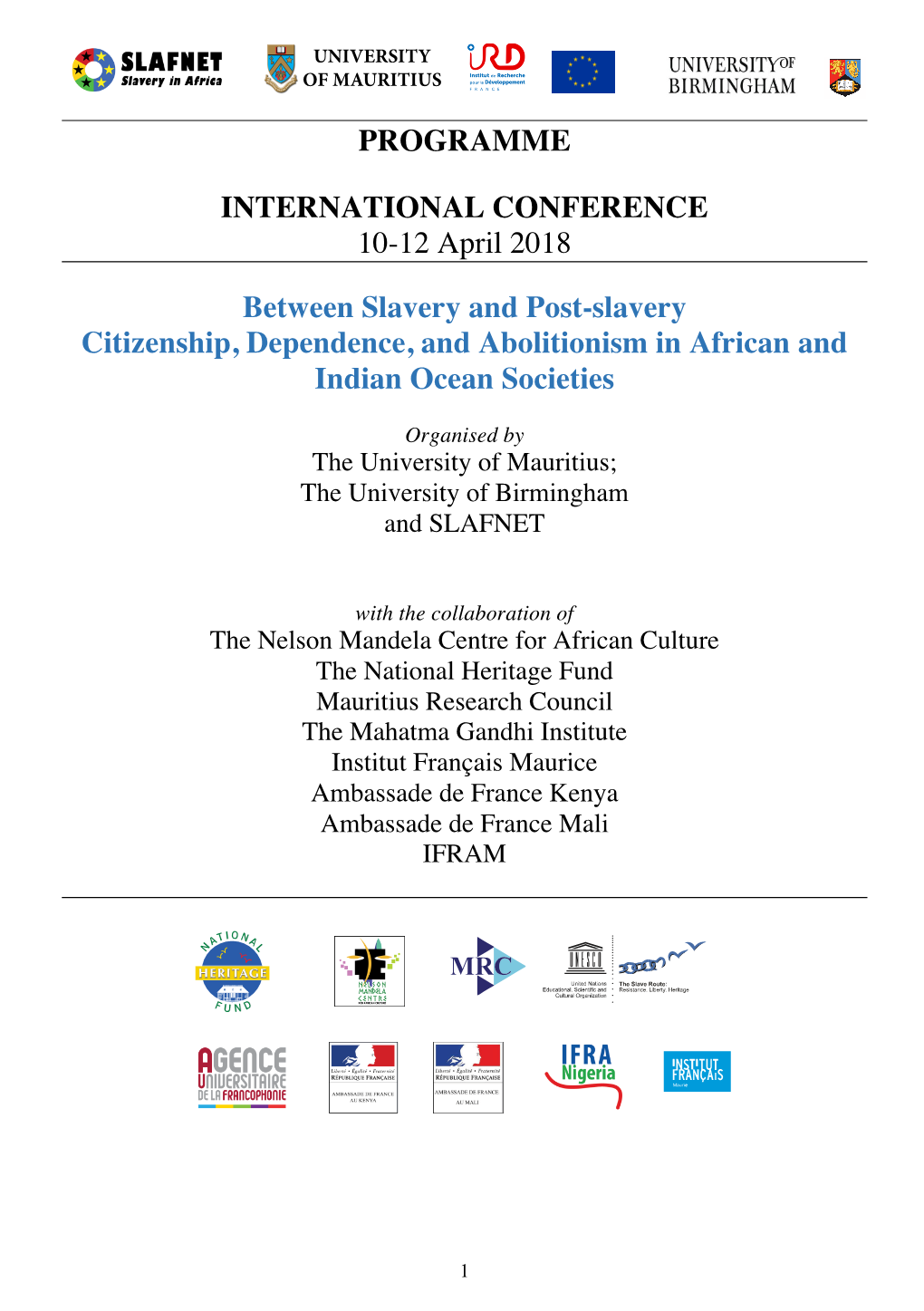 PROGRAMME INTERNATIONAL CONFERENCE 10-12 April 2018