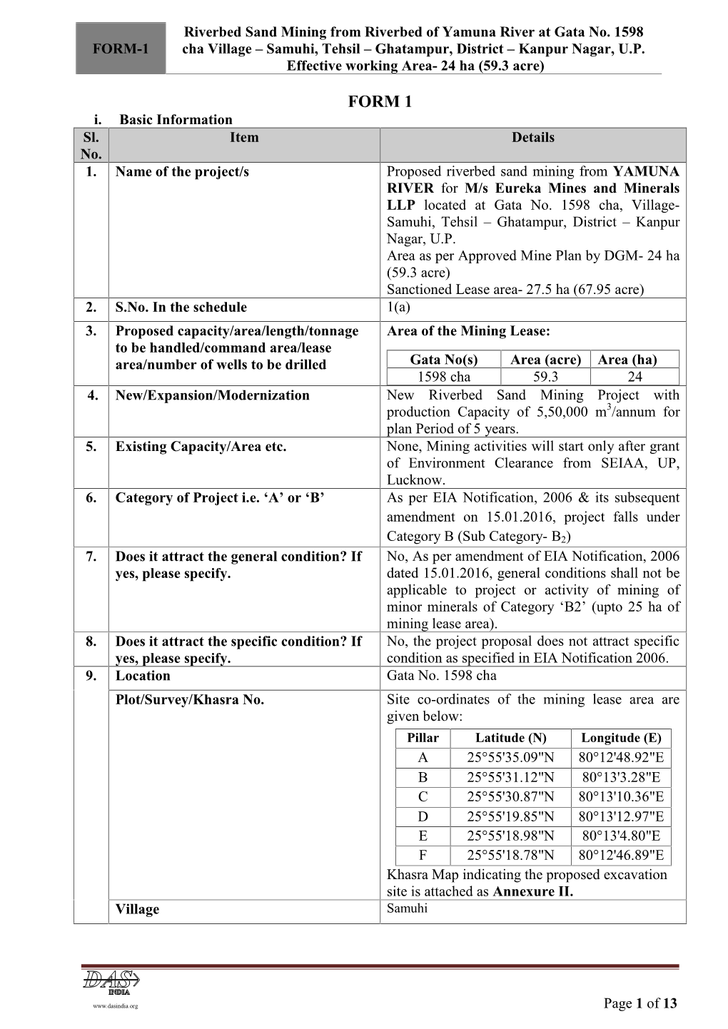 Proposed Sand/ Moram Mining at Village