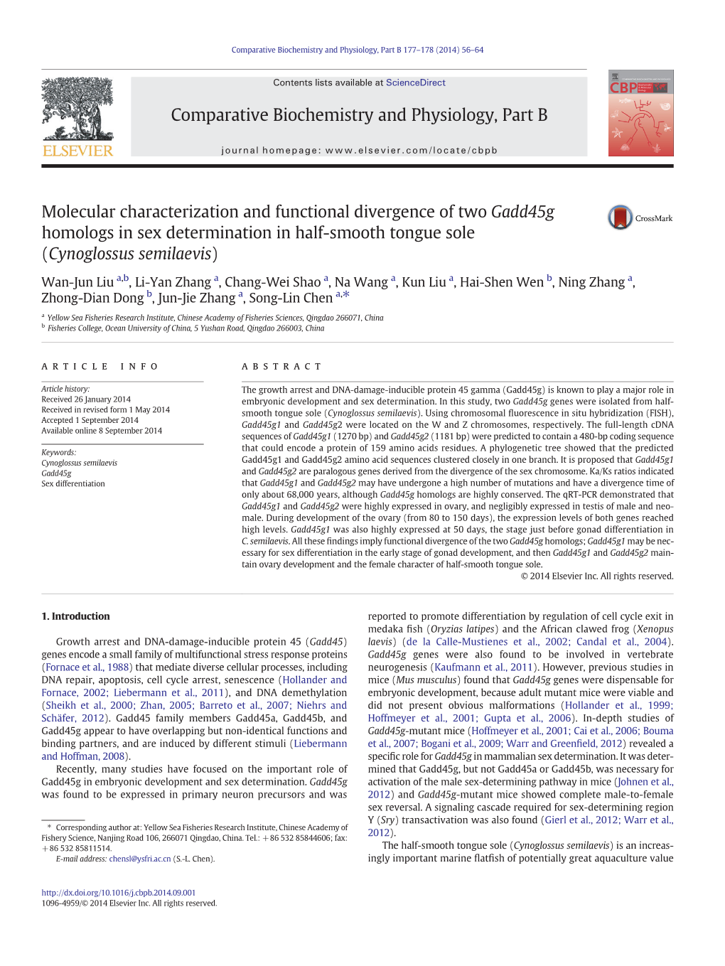 Molecular Characterization and Functional Divergence of Two Gadd45g Homologs in Sex Determination in Half-Smooth Tongue Sole (Cynoglossus Semilaevis)