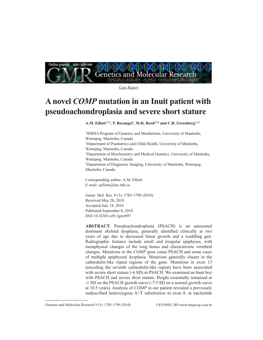 A Novel COMP Mutation in an Inuit Patient with Pseudoachondroplasia and Severe Short Stature