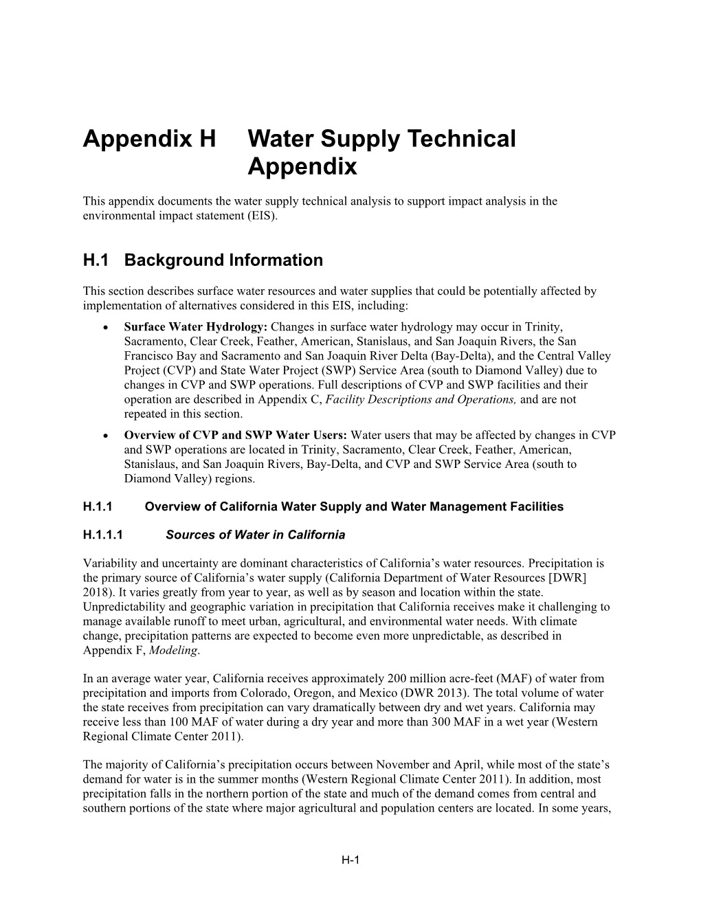 Appendix H Water Supply Technical Appendix