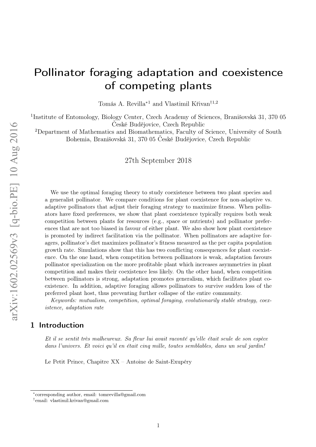 Pollinator Foraging Adaptation and the Coexistence of Competing Plants