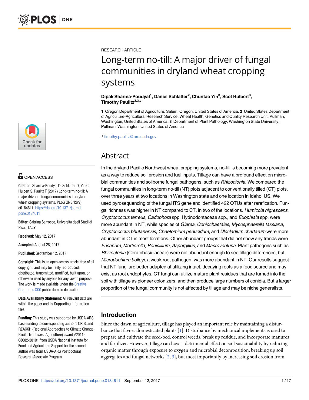 A Major Driver of Fungal Communities in Dryland Wheat Cropping Systems