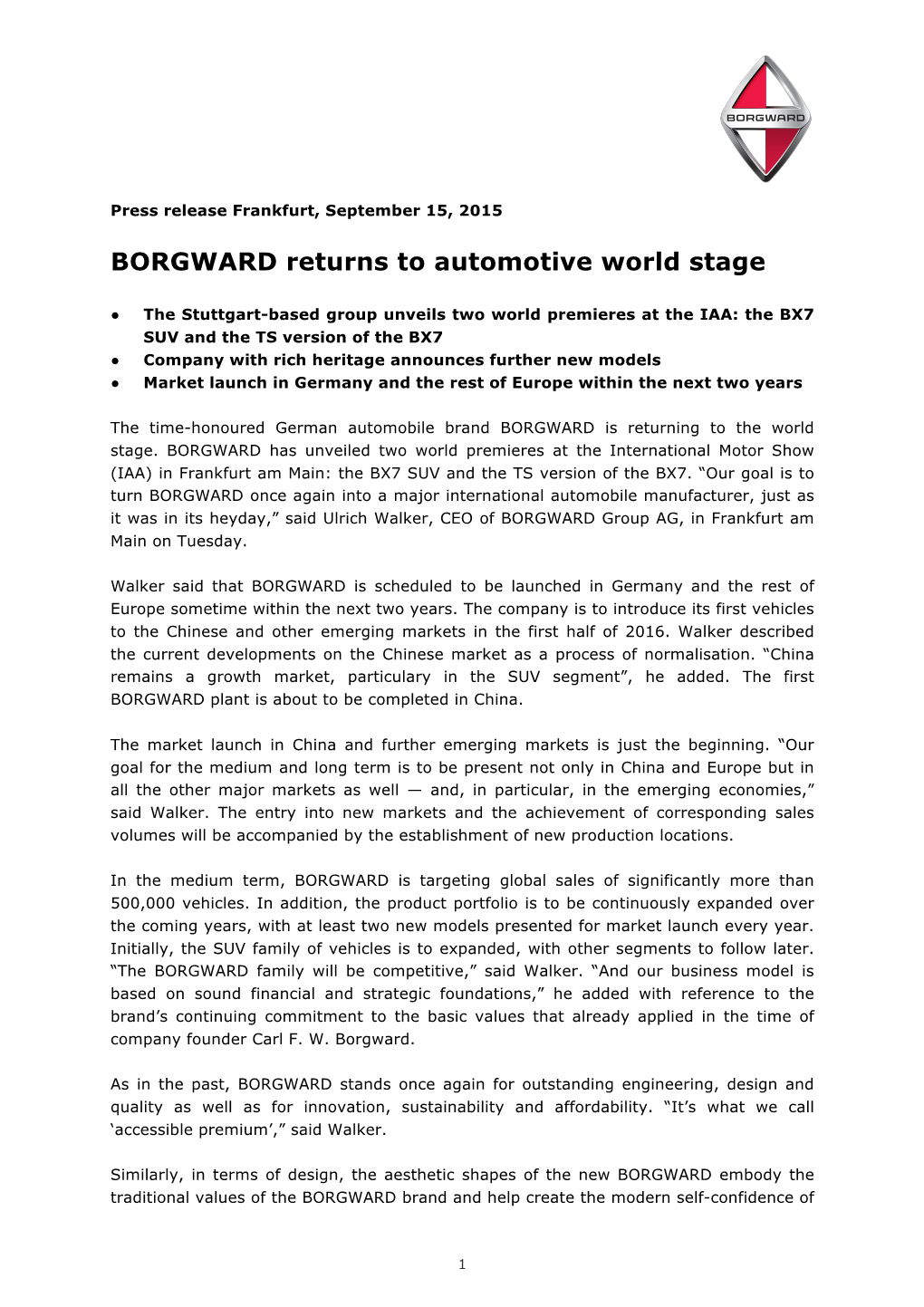 BORGWARD Returns to Automotive World Stage