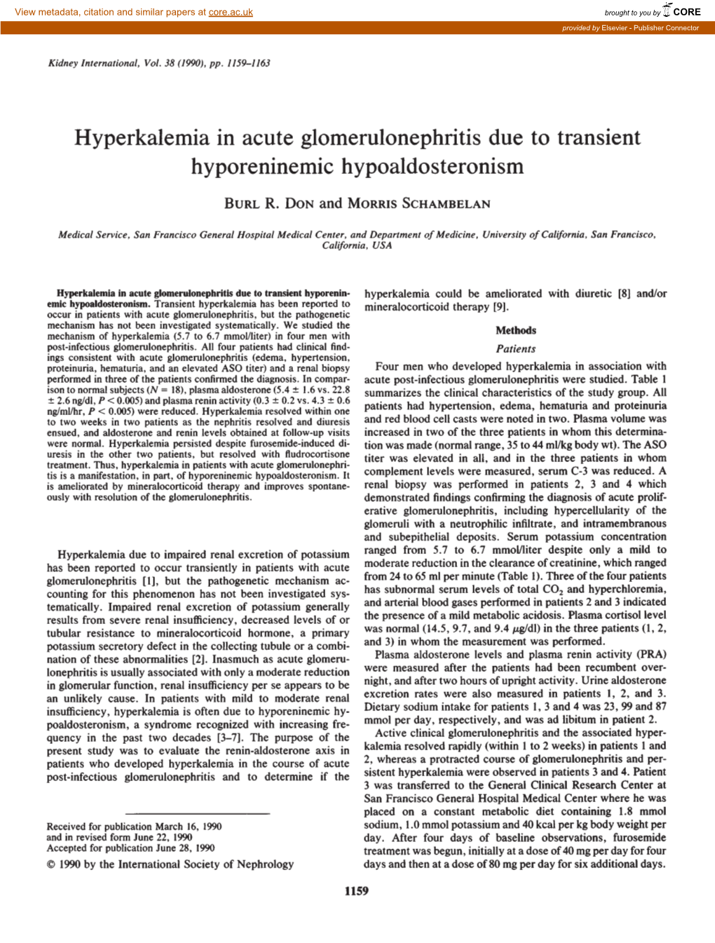 Hyperkalemia in Acute Glomerulonephritis Due to Transient Hyporeninemic Hypoaldosteronism