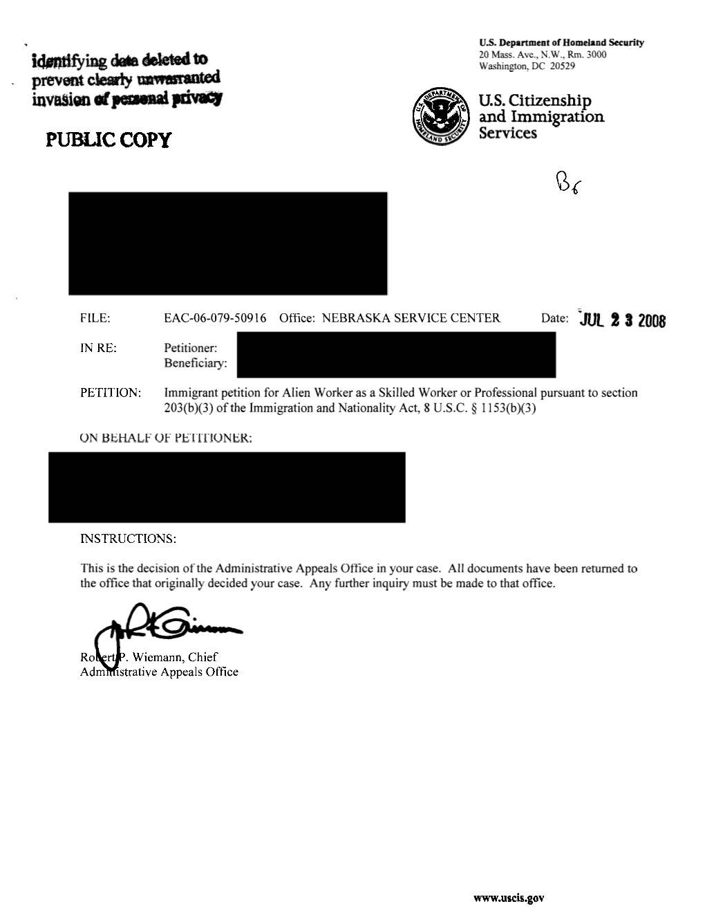 U. S. Citizenship and Immigration COPY