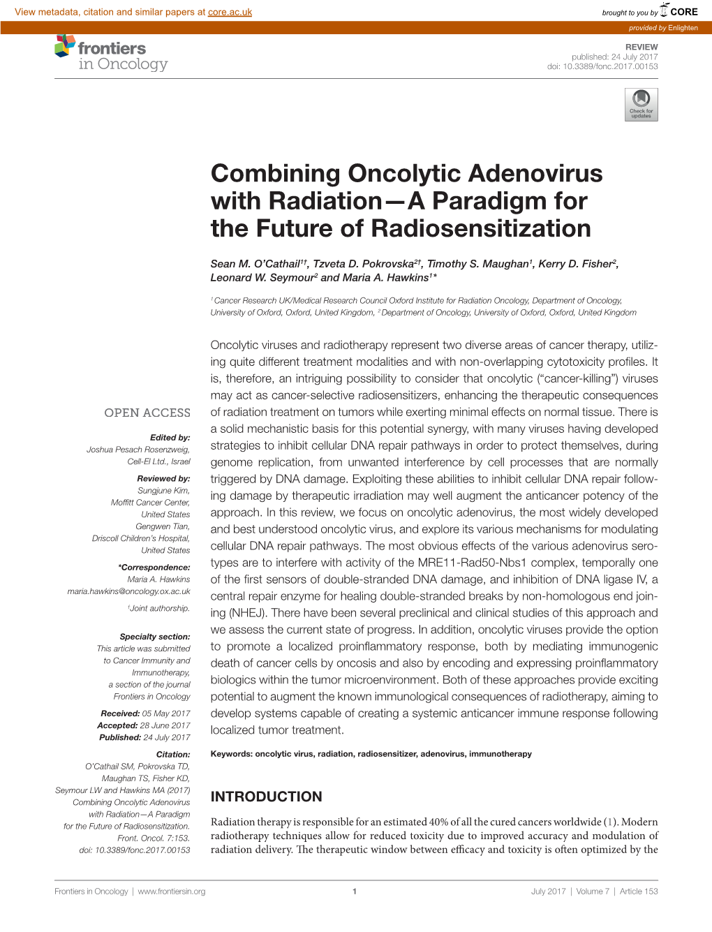 Combining Oncolytic Adenovirus with Radiation—A Paradigm for the Future of Radiosensitization