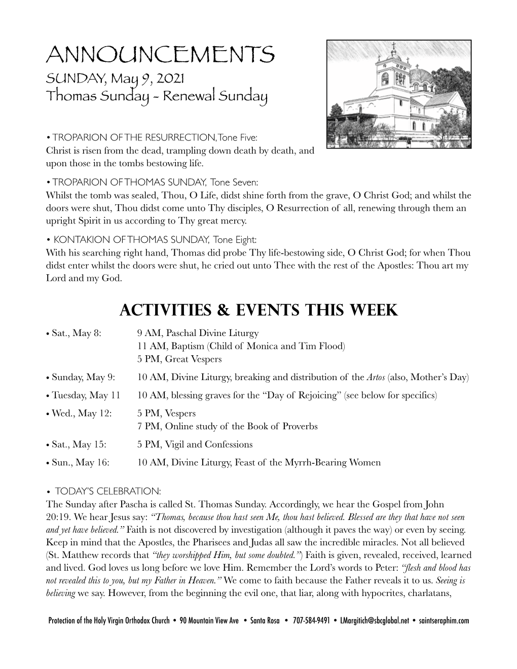 ANNOUNCEMENTS SUNDAY, May 9, 2021 Thomas Sunday - Renewal Sunday