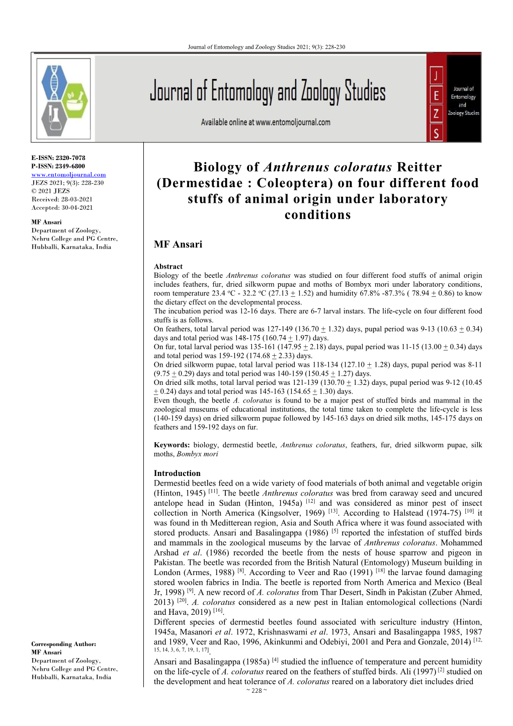 Biology of Anthrenus Coloratus Reitter