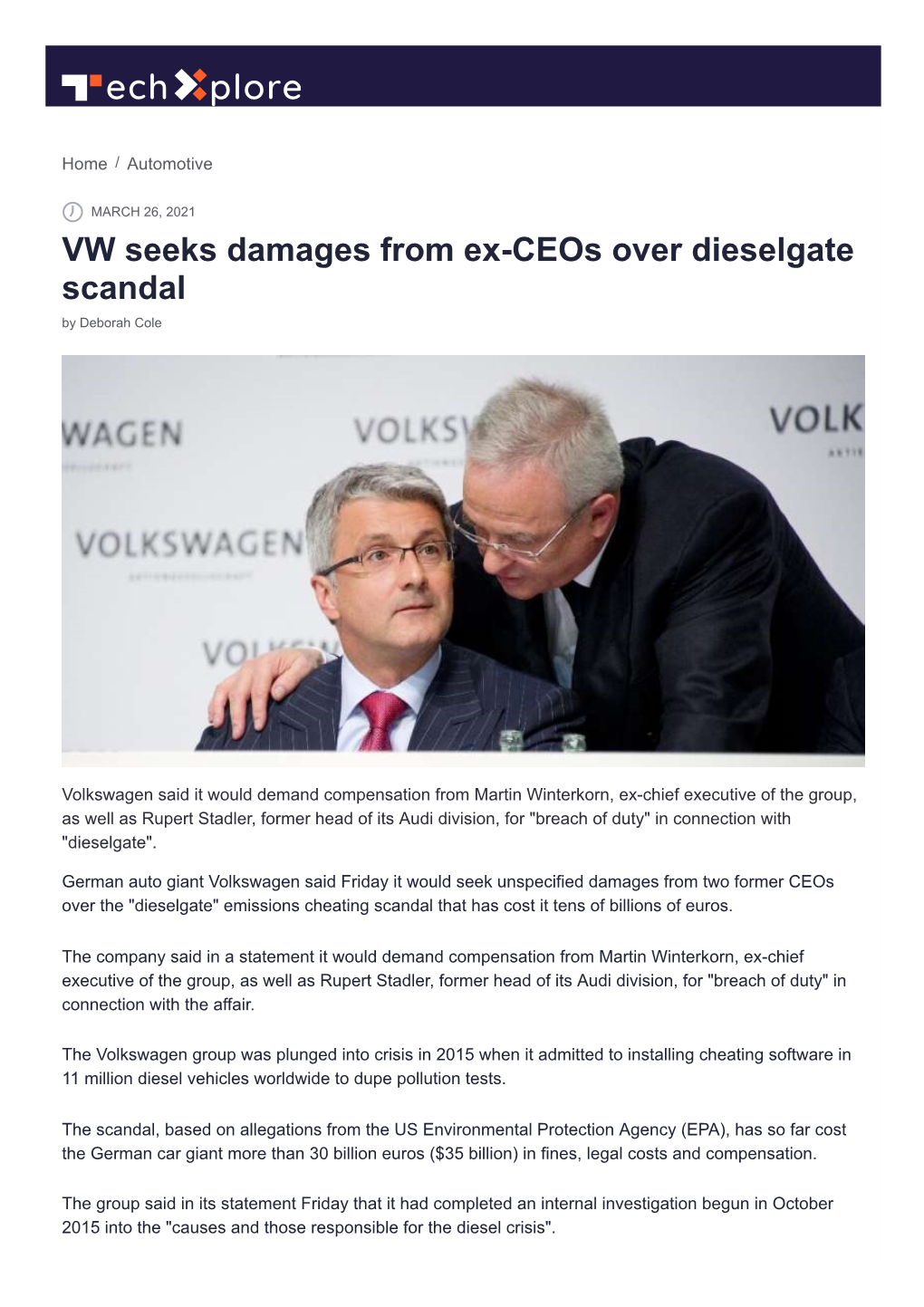 VW Seeks Damages from Ex-Ceos Over Dieselgate Scandal by Deborah Cole