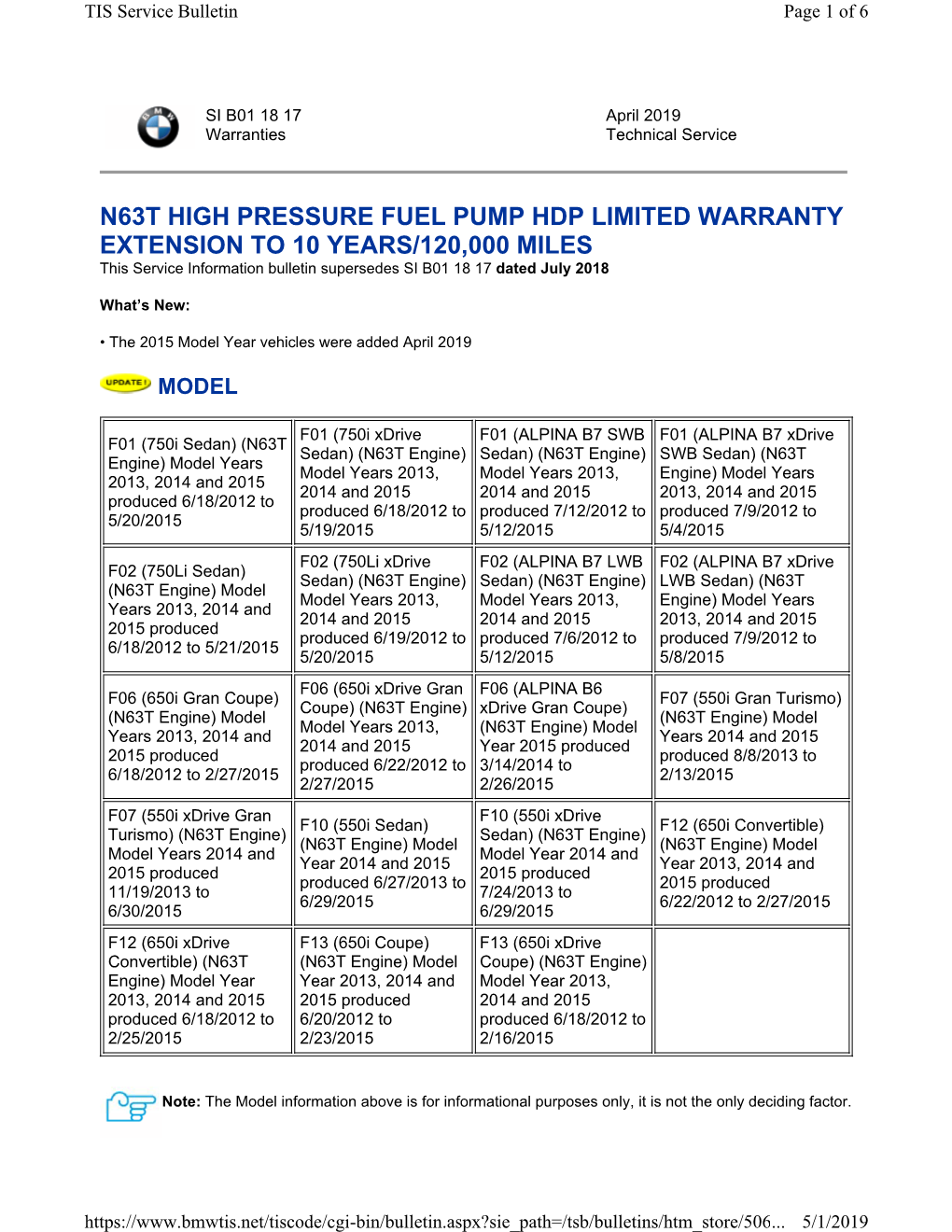 N63T HIGH PRESSURE FUEL PUMP HDP LIMITED WARRANTY EXTENSION to 10 YEARS/120,000 MILES This Service Information Bulletin Supersedes SI B01 18 17 Dated July 2018