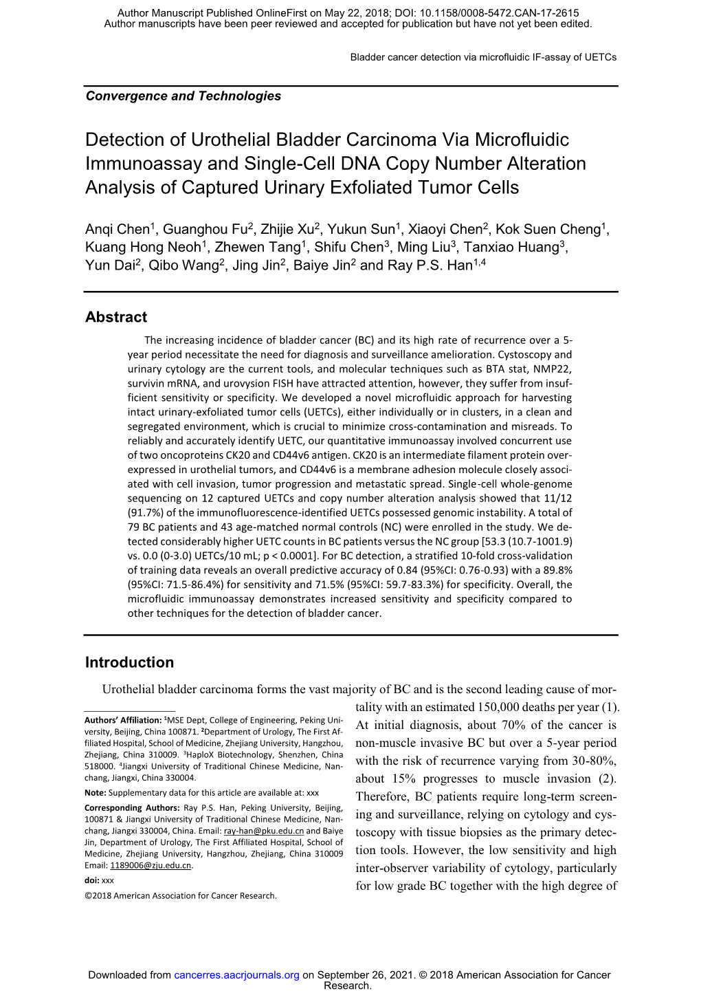 Detection of Bladder Cancer Via Microfluidic Immunoassay and Single-Cell DNA Copy Number Alteration Analysis of Captured Urinary Exfoliated Tumor Cells