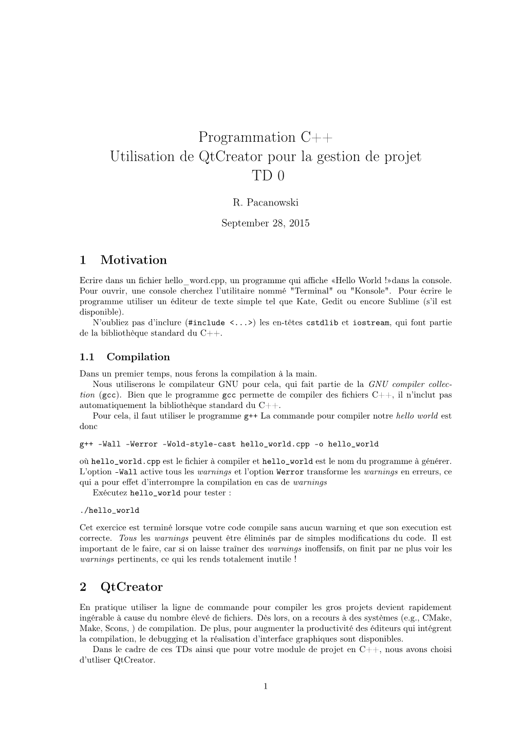 Programmation C++ Utilisation De Qtcreator Pour La Gestion De Projet TD 0