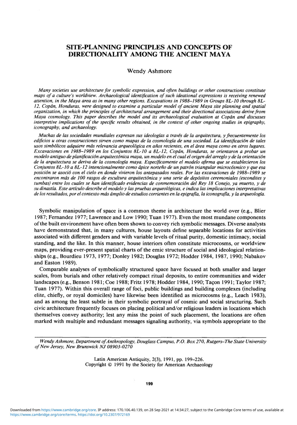 SITE-PLANNING PRINCIPLES and CONCEPTS of DIRECTIONALITY AMONG the ANCIENT MAYA Wendy Ashmore