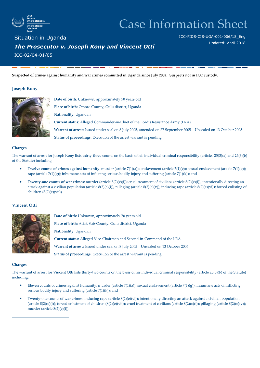 Case Information Sheet Situation in Uganda ICC-PIDS-CIS-UGA-001-006/18 Eng Updated: April 2018 the Prosecutor V