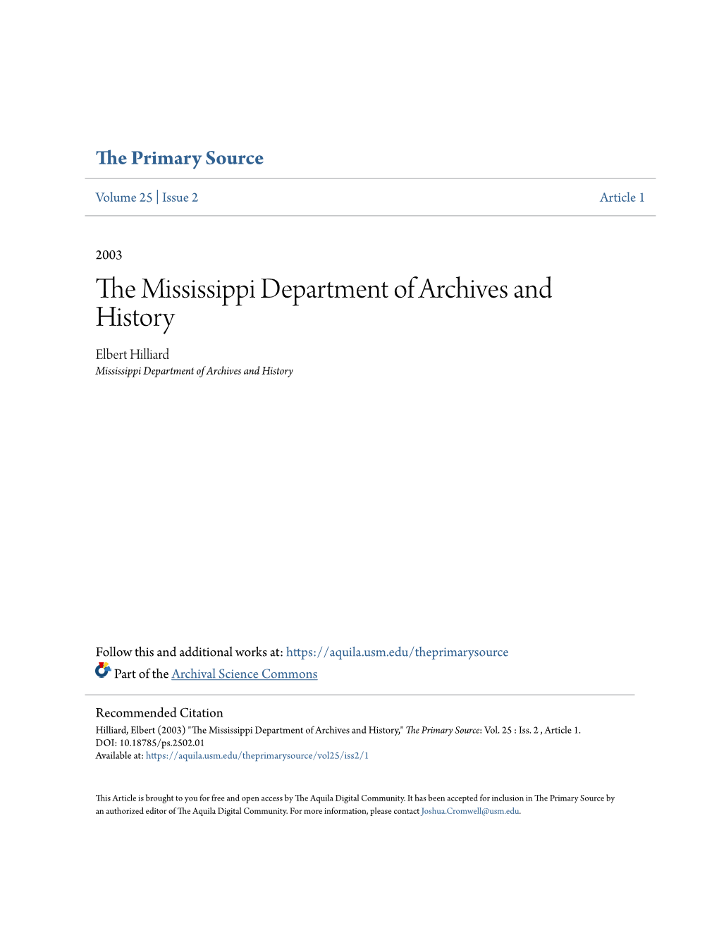 The Mississippi Department of Archives and History by Elbert R