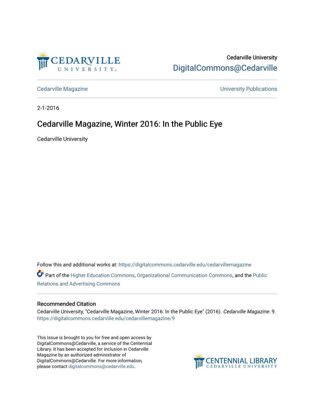 Cedarville Magazine, Winter 2016: in the Public Eye