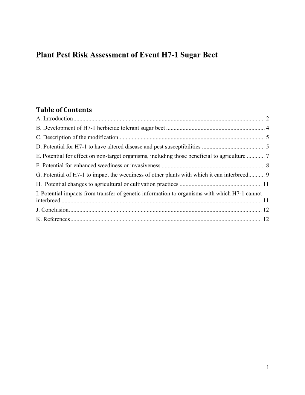 Plant Pest Risk Assessment of Event H7-1 Sugar Beet