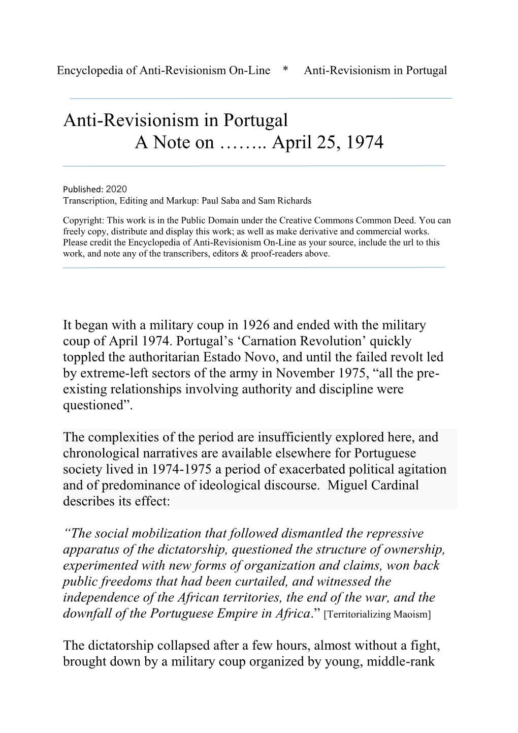 Anti-Revisionism in Portugal a Note on …….. April 25, 1974