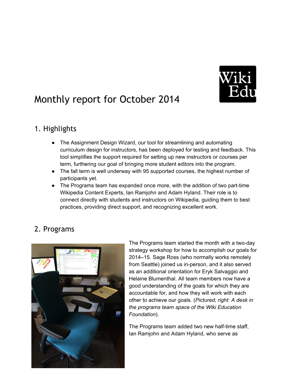 Monthly Report for October 2014