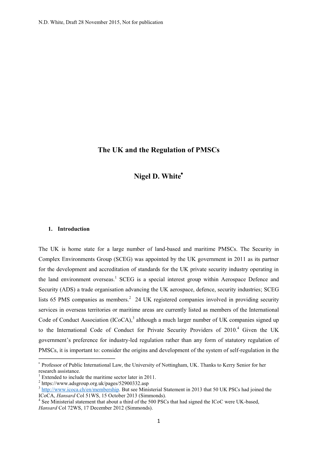 The UK and the Regulation of Pmscs Nigel D. White