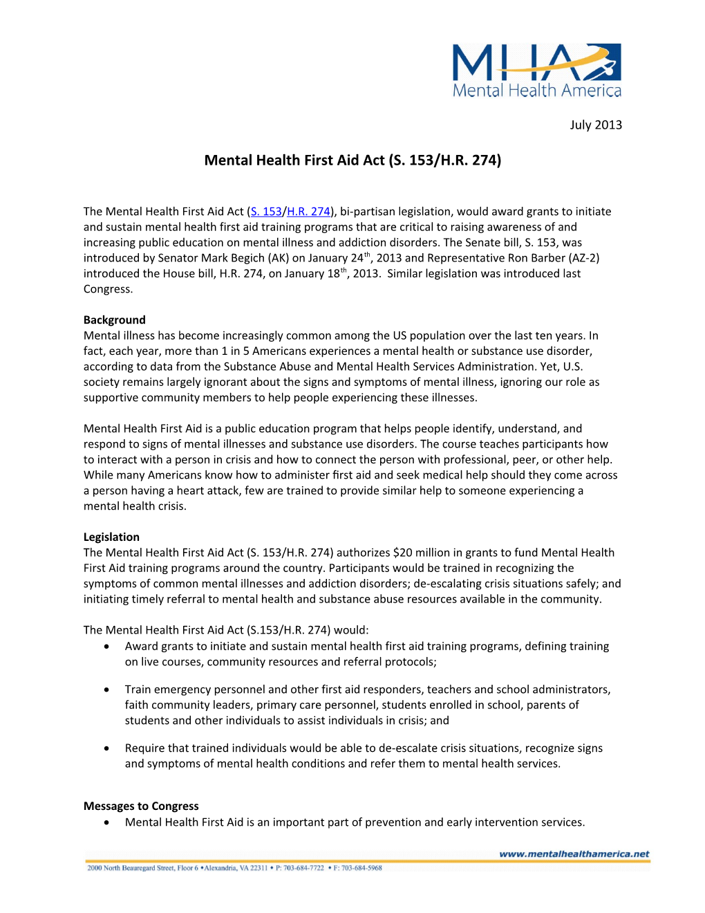 Mental Health First Aid Act (S. 153/H.R. 274)