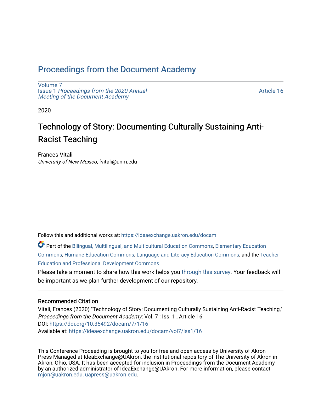 Documenting Culturally Sustaining Anti-Racist Teaching," Proceedings from the Document Academy: Vol