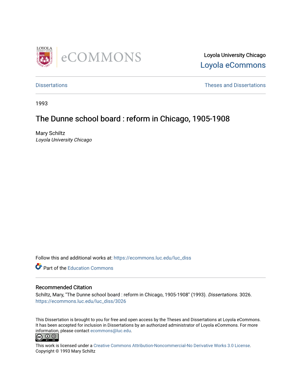 The Dunne School Board : Reform in Chicago, 1905-1908