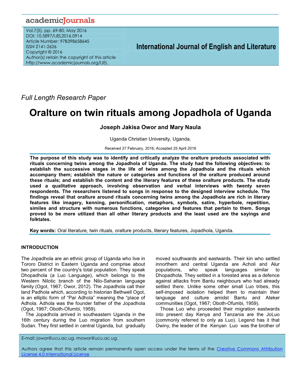 Oralture on Twin Rituals Among Jopadhola of Uganda