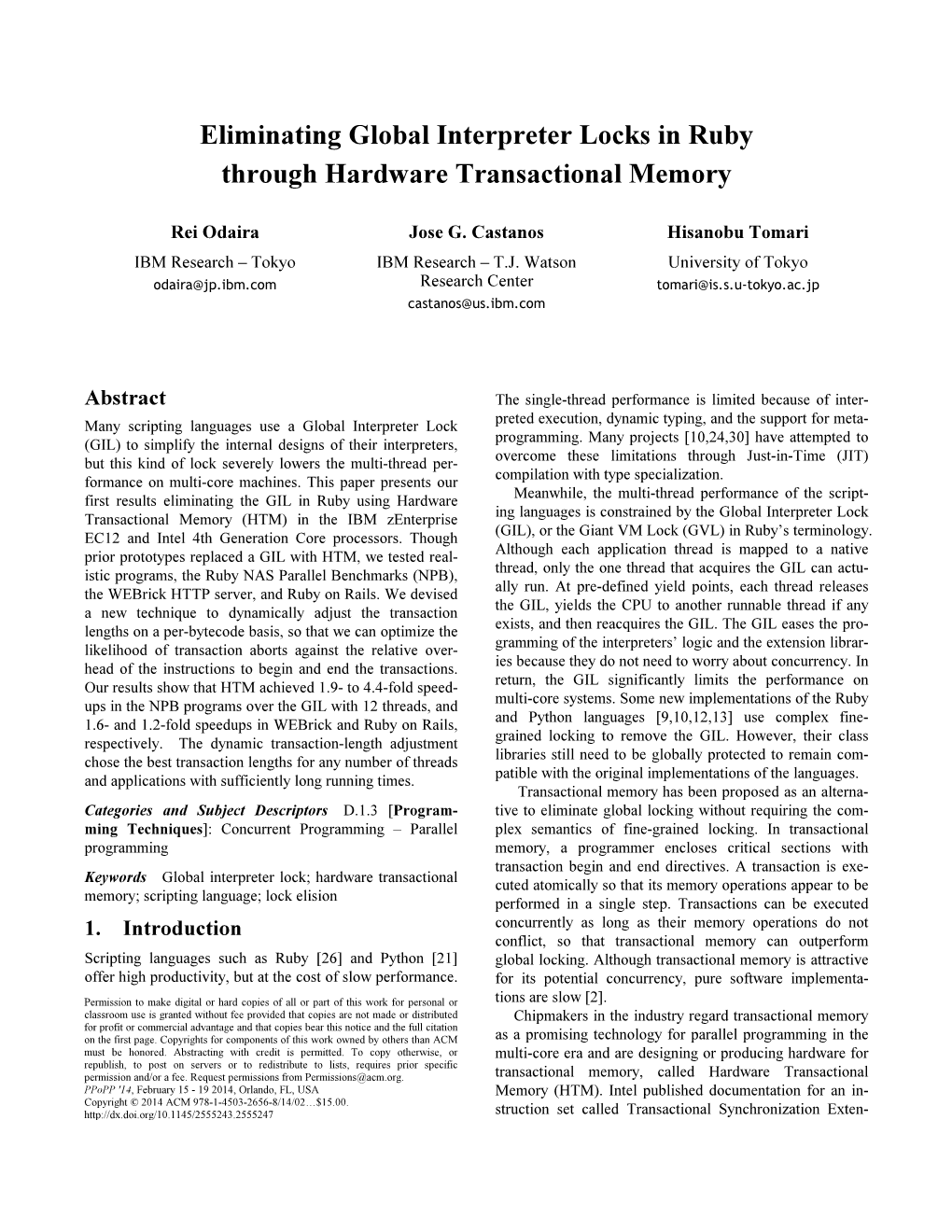 Eliminating Global Interpreter Locks in Ruby Through Hardware Transactional Memory
