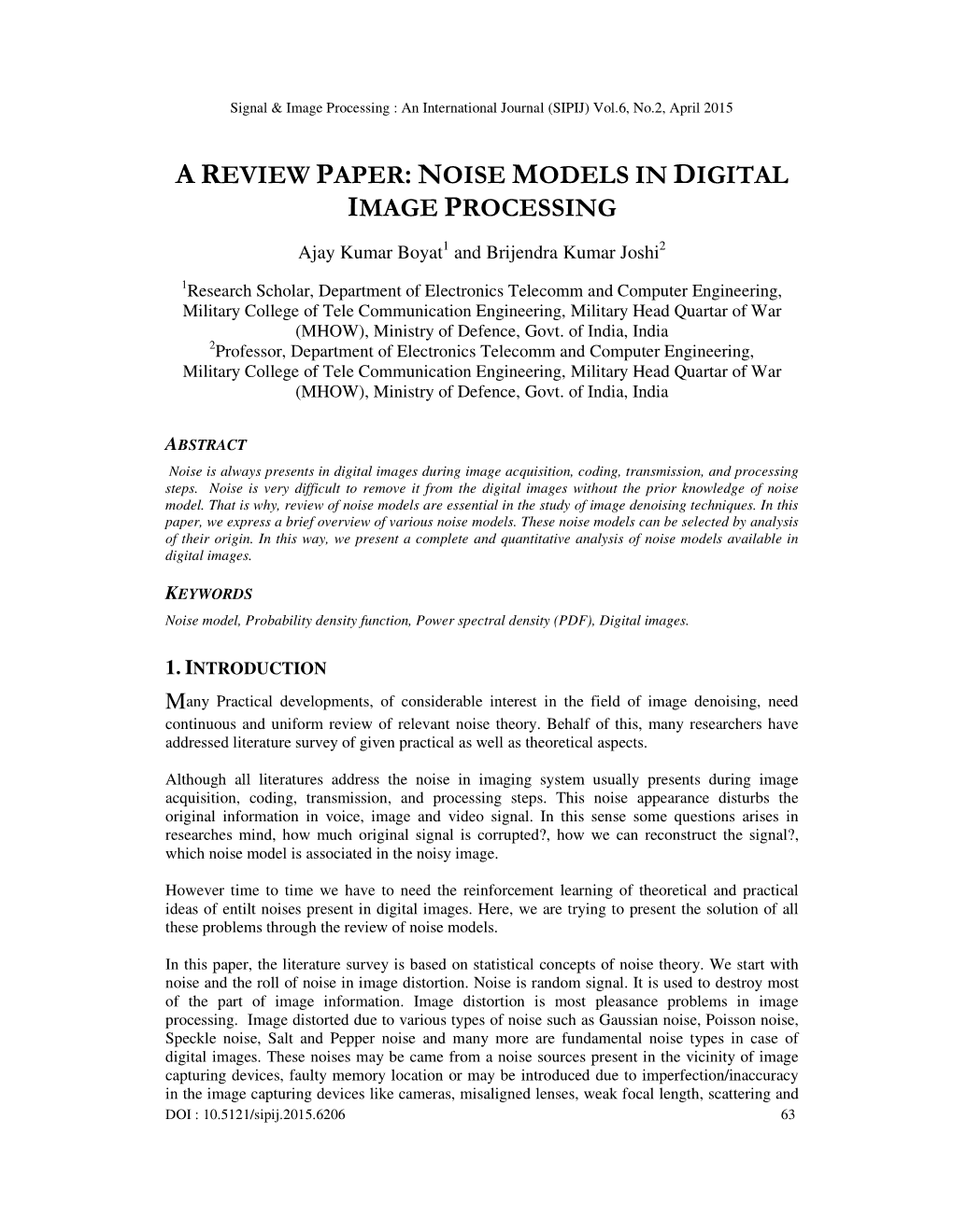 Noise Models in Digital Image Processing